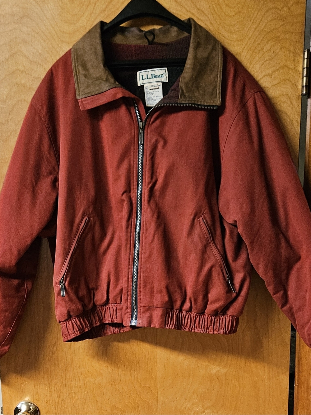 Vintage L.L. Bean Rust Red Chore Jacket with Brown Leather Collar